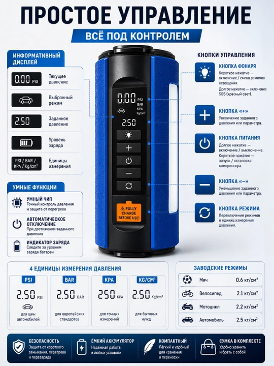 Многофункциональное автомобильное устройство Jump Starter & Air Pump - 