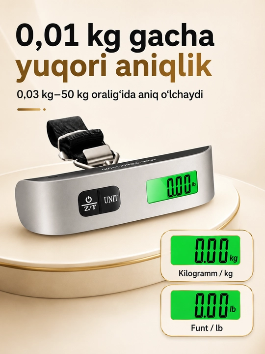 Raqamli bagaj tarozisi 50 kg gacha, sayohat uchun portativ elektron qo‘l tarozisi