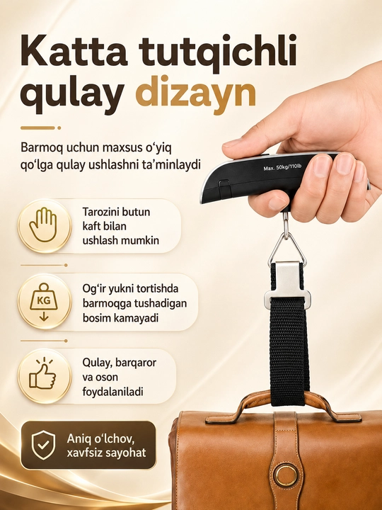 Raqamli bagaj tarozisi 50 kg gacha, sayohat uchun portativ elektron qo‘l tarozisi