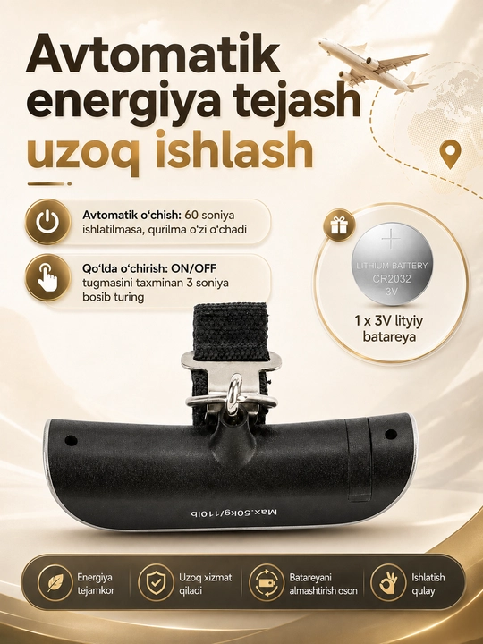 Raqamli bagaj tarozisi 50 kg gacha, sayohat uchun portativ elektron qo‘l tarozisi