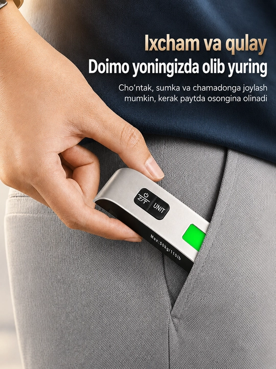 Raqamli bagaj tarozisi 50 kg gacha, sayohat uchun portativ elektron qo‘l tarozisi