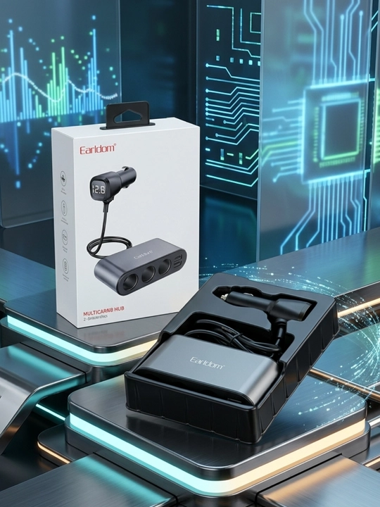 Earldom CS2 120W avtomobil uchun 3 portli splitter, 2 USB va voltmetr