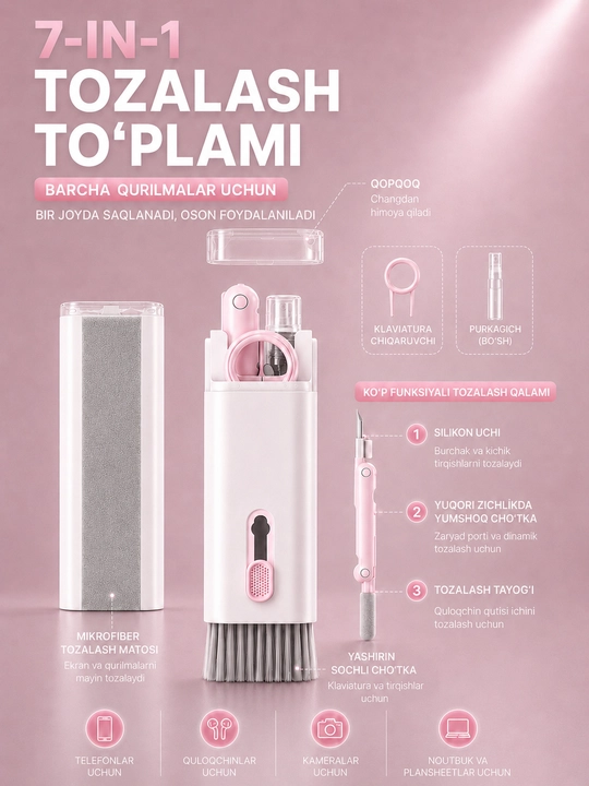 7-in-1 gadjet tozalash to‘plami, telefon, quloqchin va klaviatura uchun cho‘tkalar