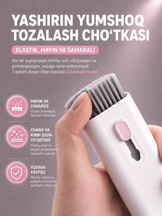 7-in-1 gadjet tozalash to‘plami, telefon, quloqchin va klaviatura uchun cho‘tkalar