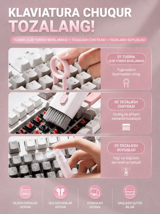 7-in-1 gadjet tozalash to‘plami, telefon, quloqchin va klaviatura uchun cho‘tkalar