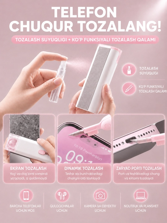 7-in-1 gadjet tozalash to‘plami, telefon, quloqchin va klaviatura uchun cho‘tkalar