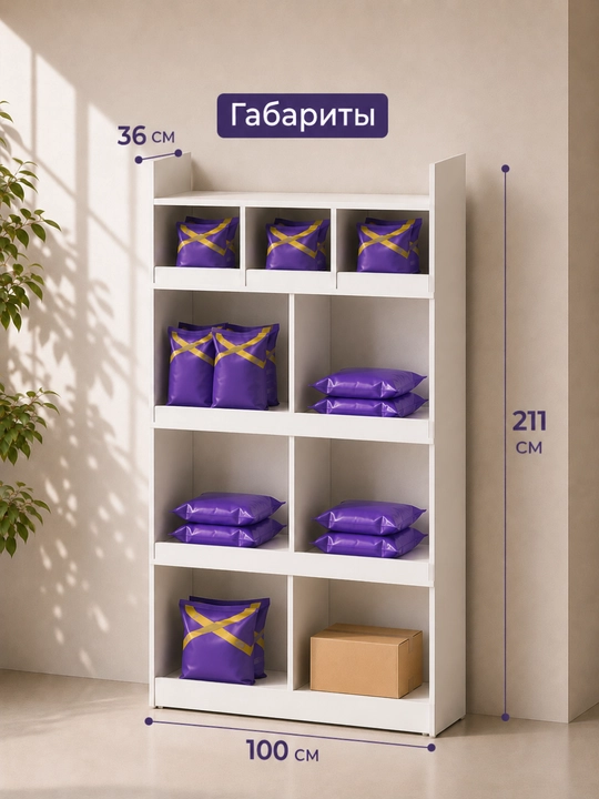 Стеллаж ЛДСП 100×36×211 см белый для ПВЗ магазина, склада, почты стандарт и большие ячейки - 