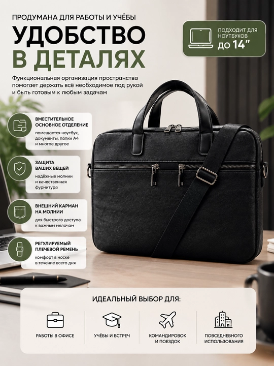 Сумка для ноутбука 13.3, 14" универсальная, экокожа, для работы, учебы и для документов - 