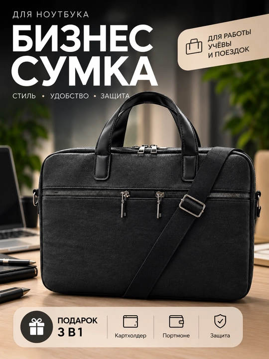Сумка для ноутбука 13.3, 14" универсальная, экокожа, для работы, учебы и для документов