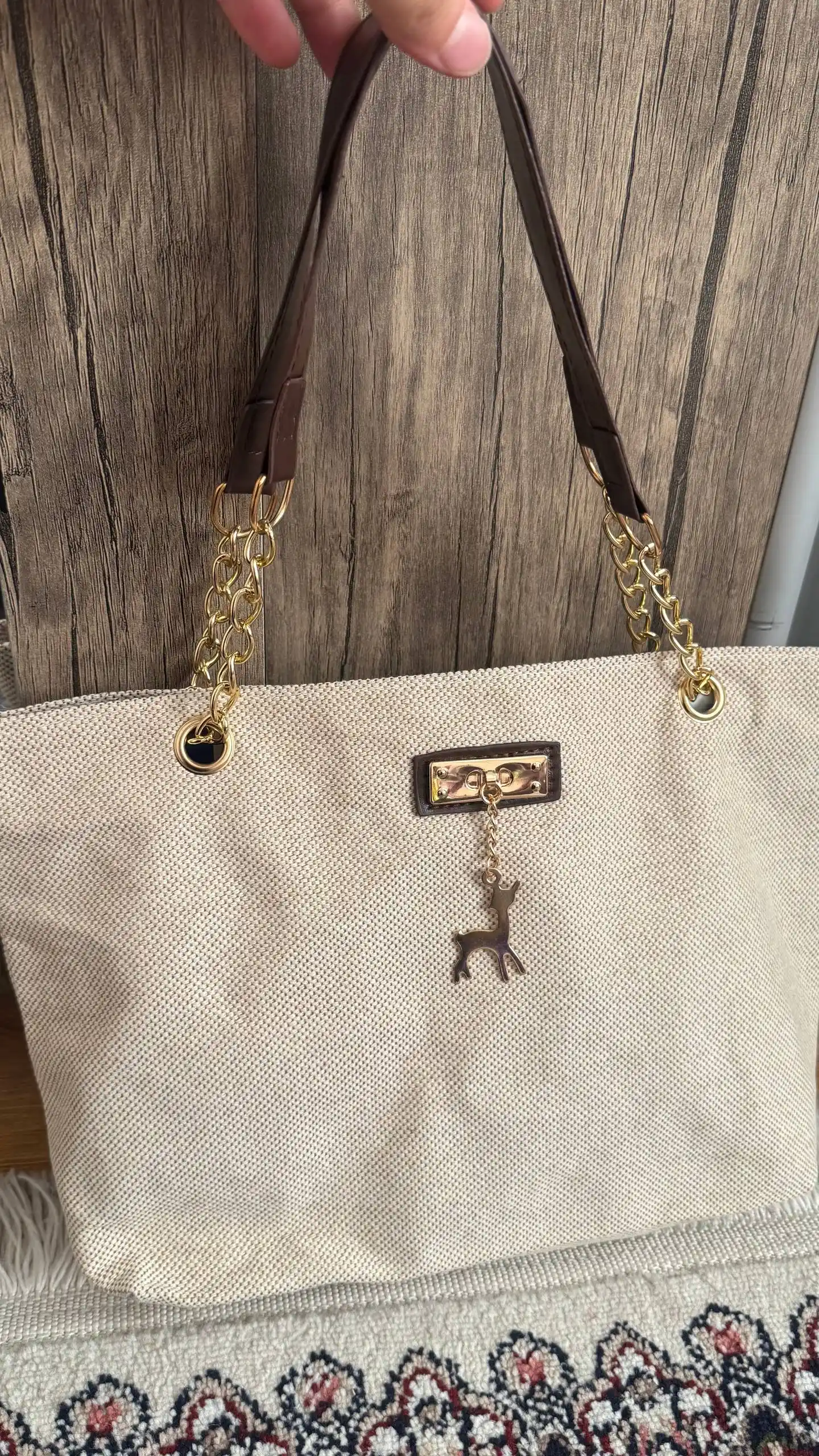 Ayollar kanvas sumkasi, katta sig‘imli tote shopper, yelkaga va qo‘lda, zanjirli
