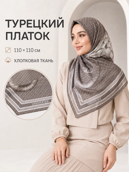 Ayollar uchun XB ro‘mol 110x110 sm, hijob uchun katta kvadrat bosh ro‘mol, naqshli
