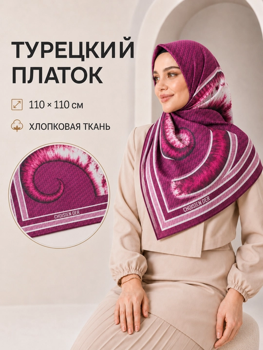Ayollar uchun XB ro‘mol 110x110 sm, hijob uchun katta kvadrat bosh ro‘mol, naqshli
