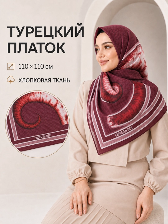 Ayollar uchun XB ro‘mol 110x110 sm, hijob uchun katta kvadrat bosh ro‘mol, naqshli
