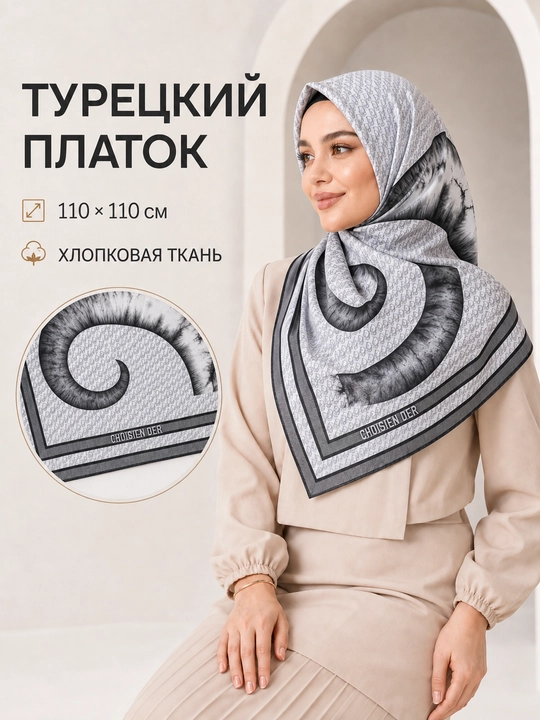 Ayollar uchun XB ro‘mol 110x110 sm, hijob uchun katta kvadrat bosh ro‘mol, naqshli