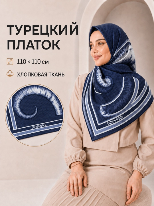 Ayollar uchun XB ro‘mol 110x110 sm, hijob uchun katta kvadrat bosh ro‘mol, naqshli - 