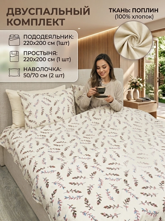 Двуспальный комплект постельного белья из поплина, 100% хлопок - 
