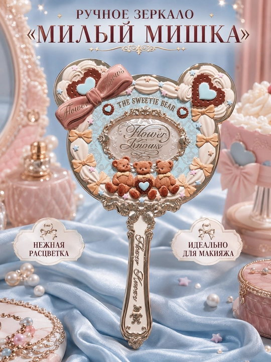 Flower Knows Sweetie Bear hajmli ayiqcha va bantli qo‘l kosmetik oynasi - 