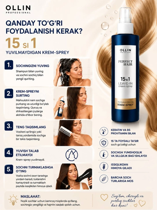 OLLIN Professional Perfect Hair 15 в 1 — несмываемый крем-спрей для волос, 250 мл