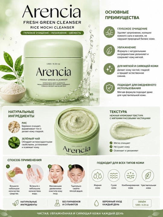 Arencia Fresh Green Rice Mochi Cleanser 120 мл — очищающее средство для лица