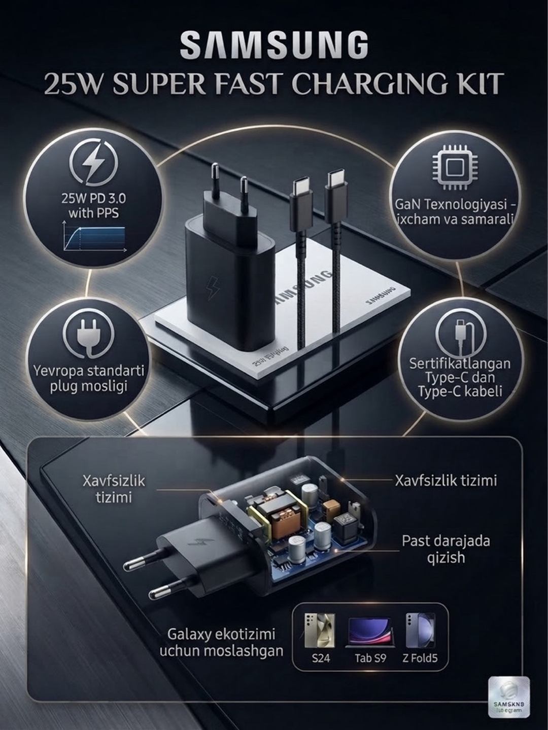 Samsung quvvatlagichi 25W, Type-C kabel bilan, juda tez zaryadlovchi - 