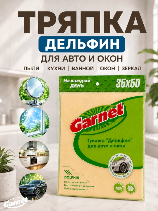 Универсальная тряпка для уборки домов и автомобилeй, тряпка GARNET delfin, 35х50 см - 