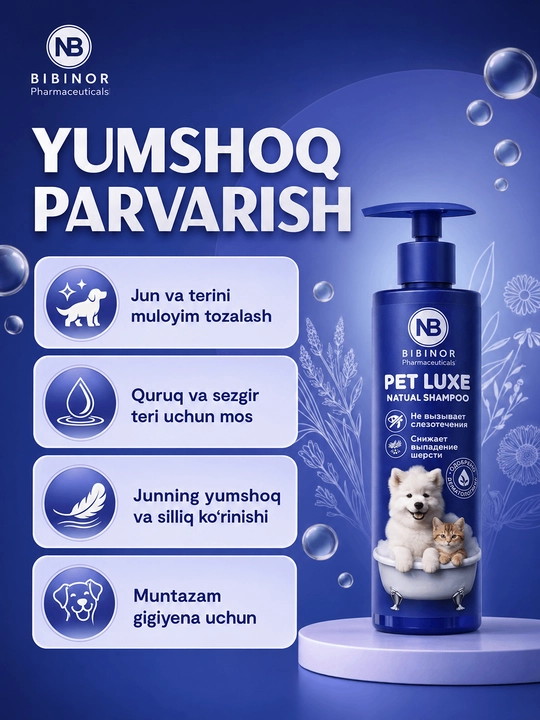 PET LUXE — it va mushuklar uchun tabiiy shampun, yumshoq tozalash va parvarish