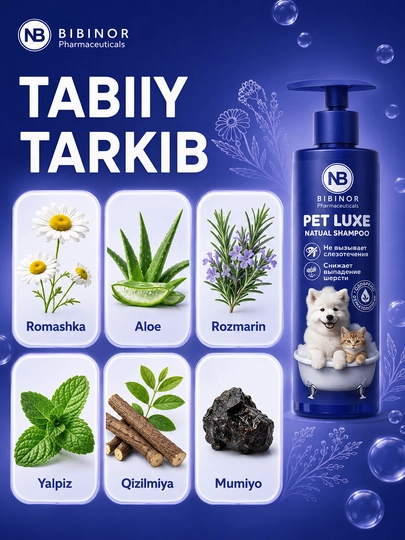 PET LUXE — it va mushuklar uchun tabiiy shampun, yumshoq tozalash va parvarish
