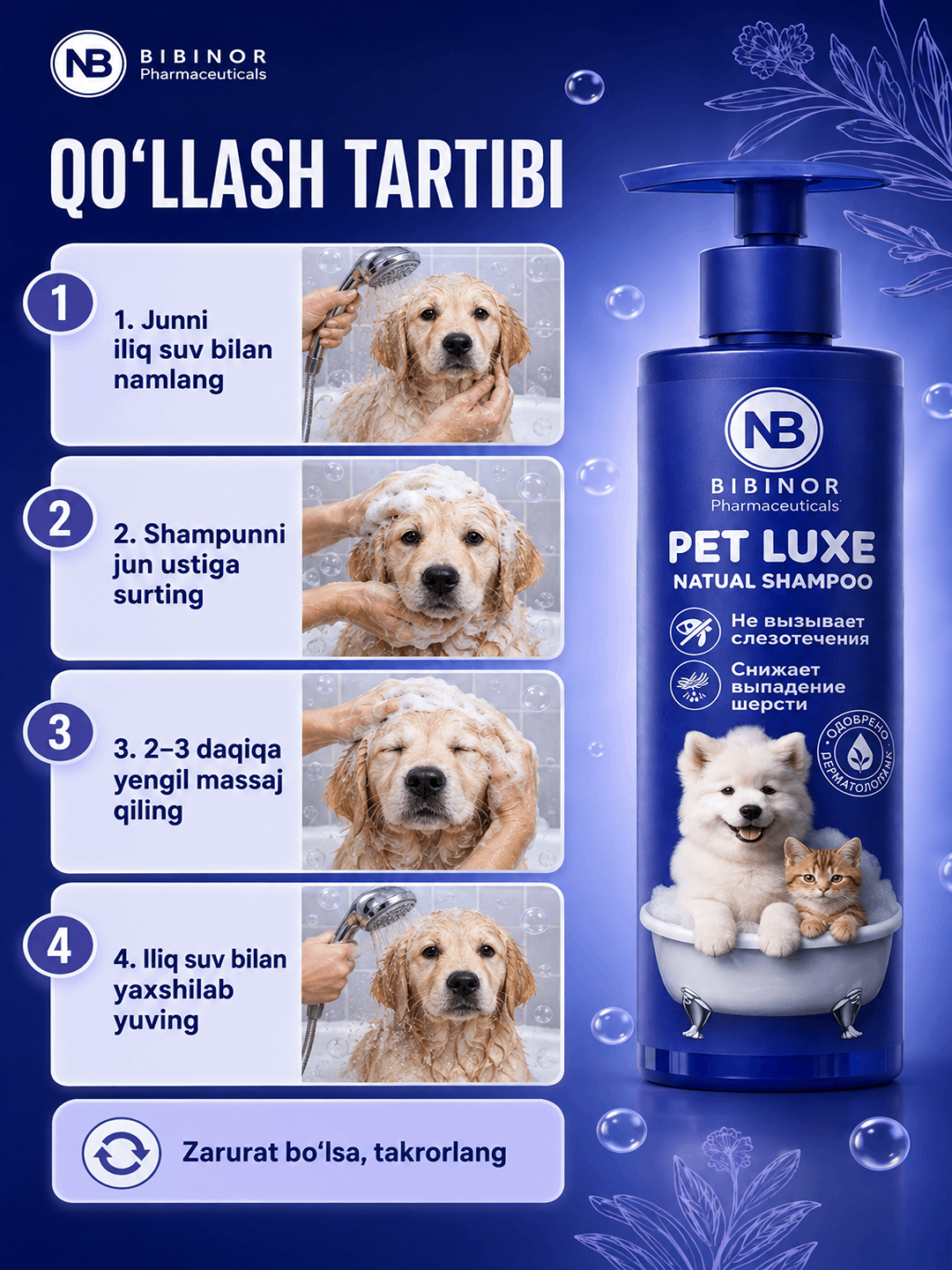 PET LUXE — it va mushuklar uchun tabiiy shampun, yumshoq tozalash va parvarish