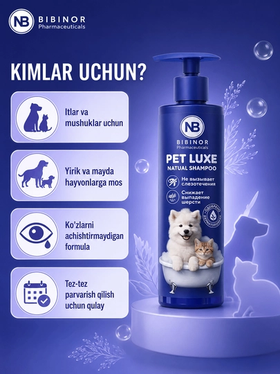 PET LUXE — it va mushuklar uchun tabiiy shampun, yumshoq tozalash va parvarish