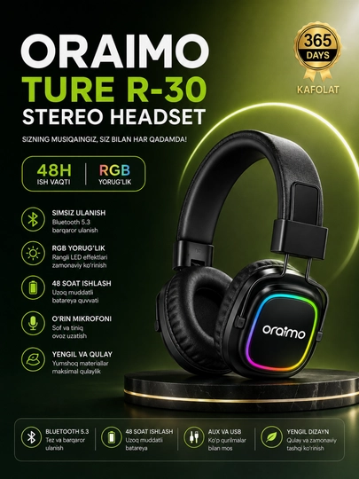 Oraimo TURE R-30 Беспроводные Bluetooth Наушники, RGB, Микрофон, Стерео, 48 ч - 