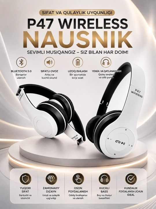 Беспроводные наушники P47 Bluetooth со стереозвуком, TF-картой, AUX и микрофоном - 