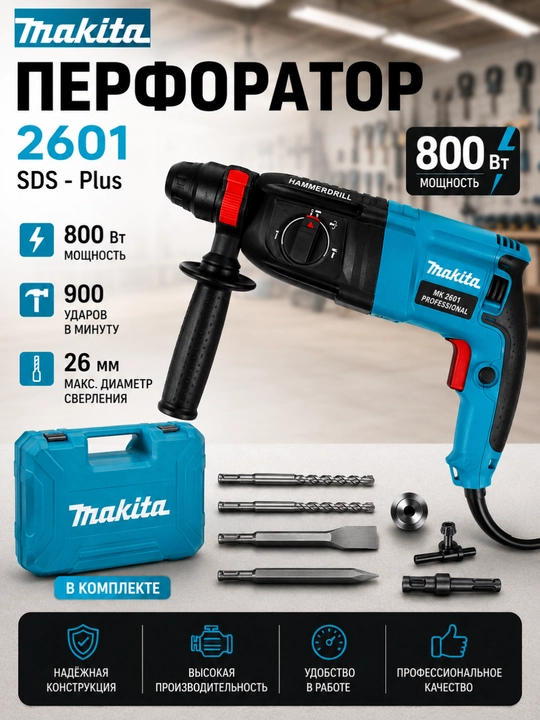 Perforator SDS PLUS, 26 mm, 800 Vt, 900 aylanish/min, 5 bur to'plamda - 