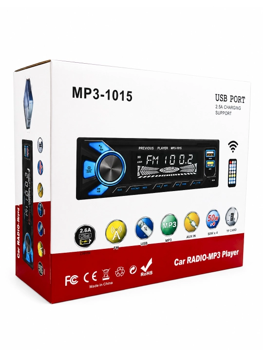 MP3-1015 1DIN avtomagnitola, FM, USB, AUX, TF karta, pult, 4×50 Vt
