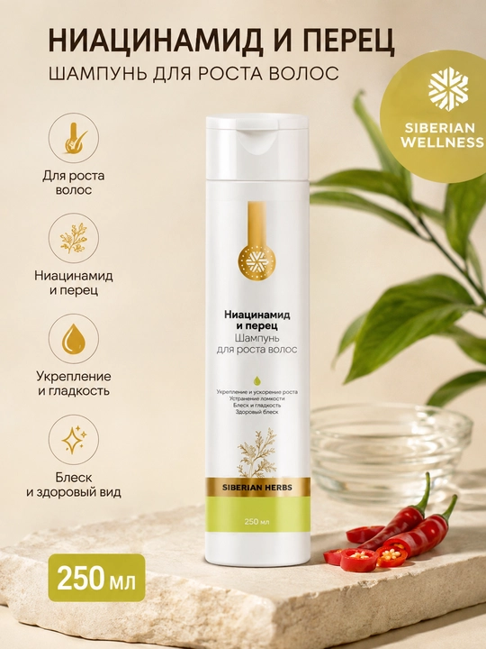 Niatsinamid va qalampirli Siberian Wellness shampuni, soch o‘sishi uchun parvarish, 250 ml - 