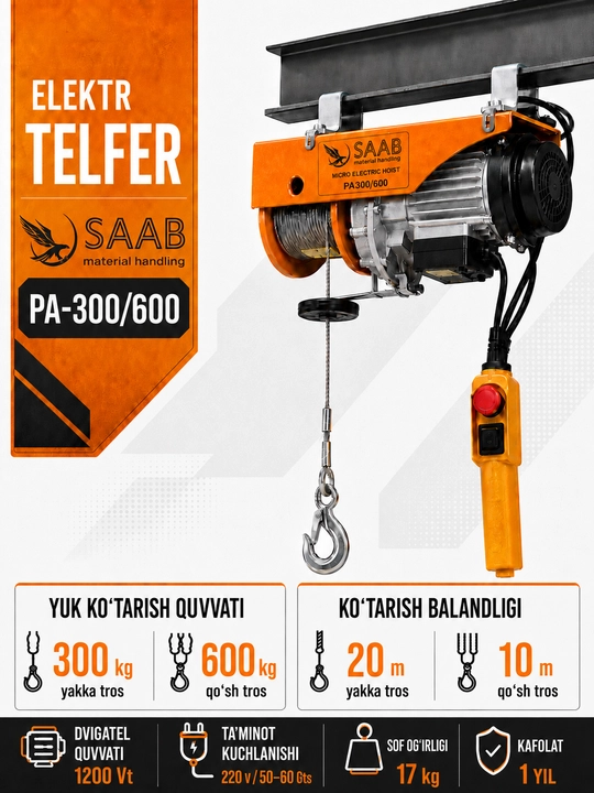 Telfer elektr SAAB PA-600, 300/600 kg, balandligi 20/10 m