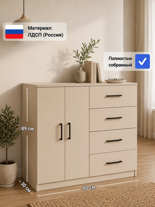 Комод-тумба универсальный KENTRA, с дверцами и ящиками, полностью собранный, ЛДСП