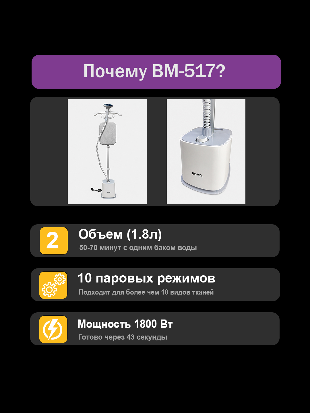BOMA qo‘l va vertikal bug‘latgich (1500-2000 Vt), 17 soniyada tez isitiladi, 300 ml-2L
