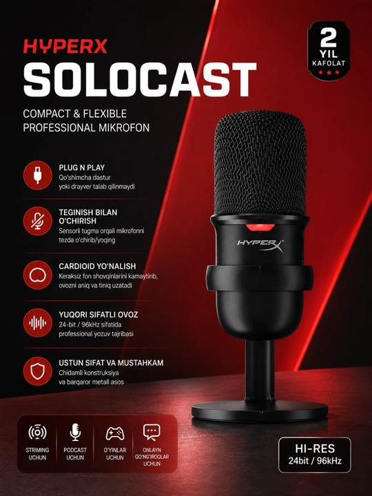 Hyperx solocast usb конденсаторный микрофон для стриминга подкастов игр и записи - 