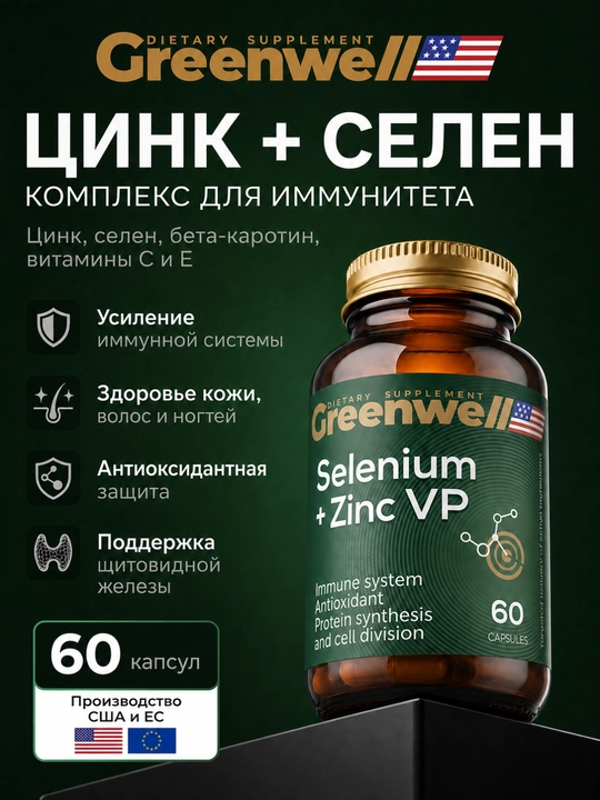 Sink + Selen vitaminlar, immunitet uchun BAD, 60 kapsula, Greenwell - 