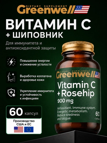 Greenwell Vitamin C + shipovnik, immunitet va antioksidant himoya uchun BAD, 60 kapsula - 