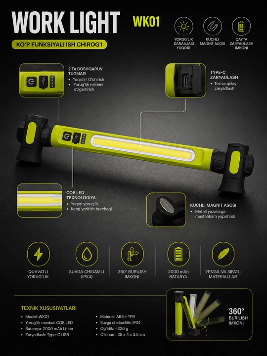 WK01 LED ishchi yoritgichi, avtomobil va avtoservis uchun portativ - 