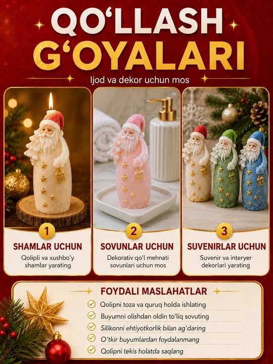 Yangi yil o‘yinchoqlari uchun silikon qoliplar, smola, gips, shamlar, yangi yil qoliplari