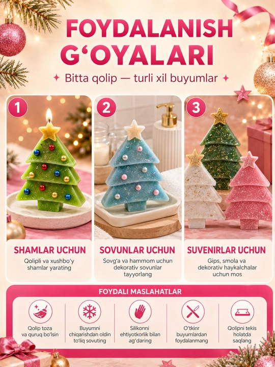 Yangi yil o‘yinchoqlari uchun silikon qoliplar, smola, gips, shamlar, yangi yil qoliplari