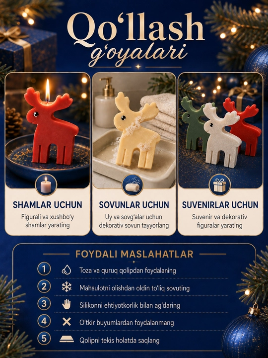 Yangi yil o‘yinchoqlari uchun silikon qoliplar, smola, gips, shamlar, yangi yil qoliplari