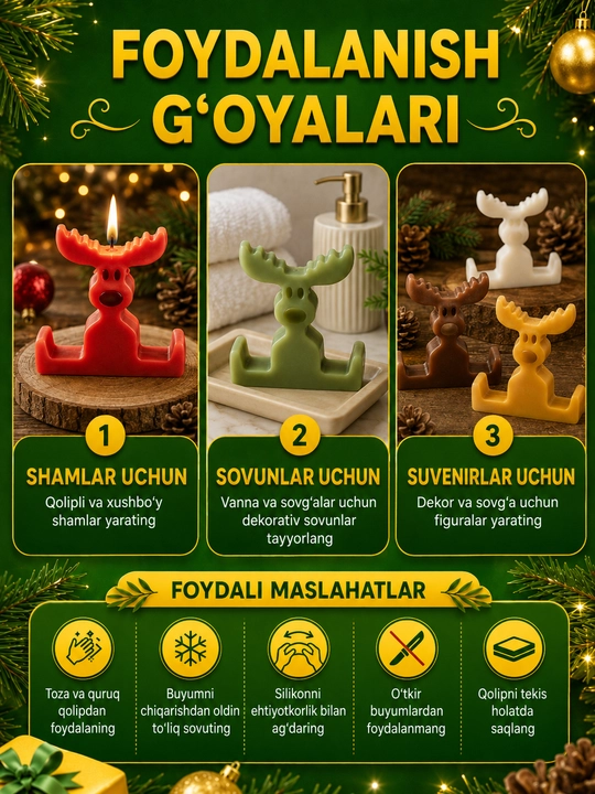 Yangi yil o‘yinchoqlari uchun silikon qoliplar, smola, gips, shamlar, yangi yil qoliplari