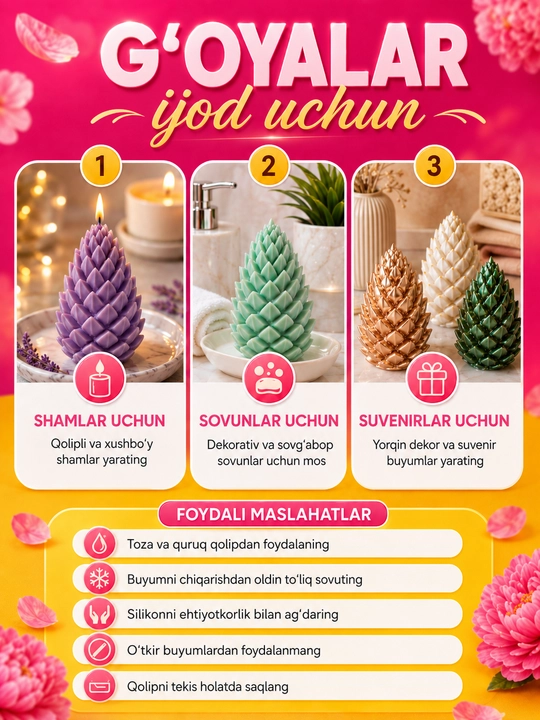 Yangi yil o‘yinchoqlari uchun silikon qoliplar, smola, gips, shamlar, yangi yil qoliplari