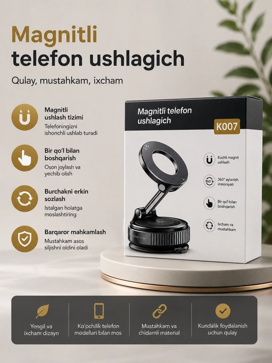 Magnitli telefon ushlagich K007, kuchli magnit, 360° aylanish, ixcham, mustahkam - 