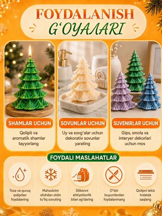 Yangi yil o‘yinchoqlari uchun silikon qoliplar, smola, gips, shamlar, yangi yil qoliplari