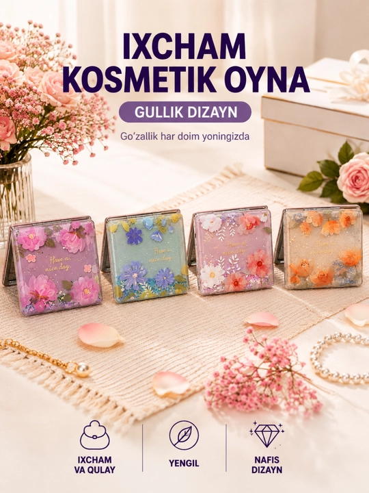 Gulli kosmetik oynacha 8x8 sm katlanadigan ixcham cho‘ntak ko‘zgu