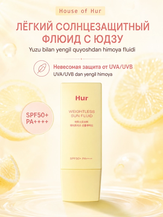 Yuzu bilan yengil quyoshdan himoyalovchi House of Hur Weightless Sun Fluid SPF50+ PA++++ - 